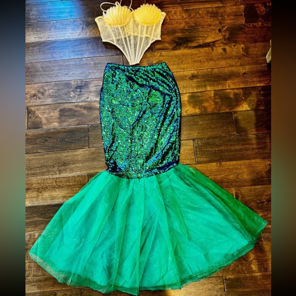 Green and Blue Sequin Mermaid Skirt with cream Bustier